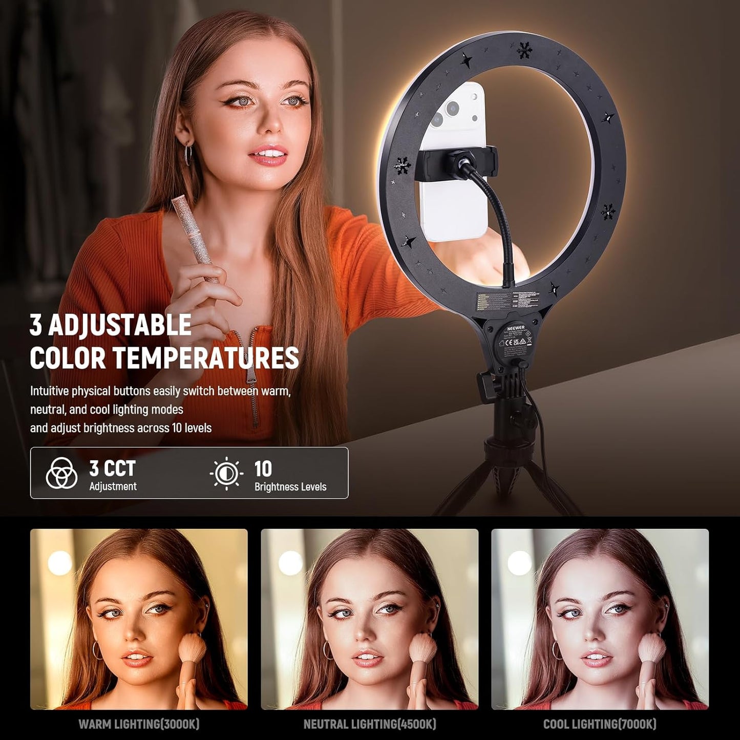 Ringlicht mit Stativ und Handyhalterung für Selfies, Schwarz 10,5" mit Tischstativ