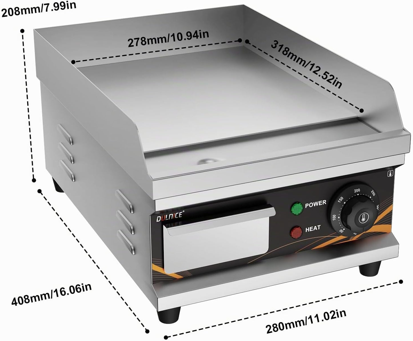 Elektrische Grillplatte mit Temperaturregelung, Silber, 28cm, 1