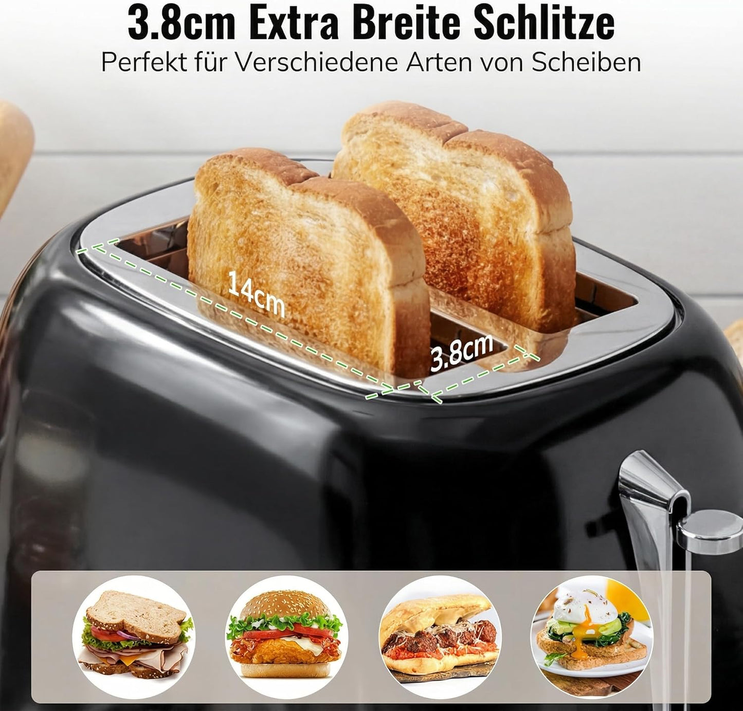 Retro Edelstahl Toaster mit breitem Schlitz (2 Scheiben)