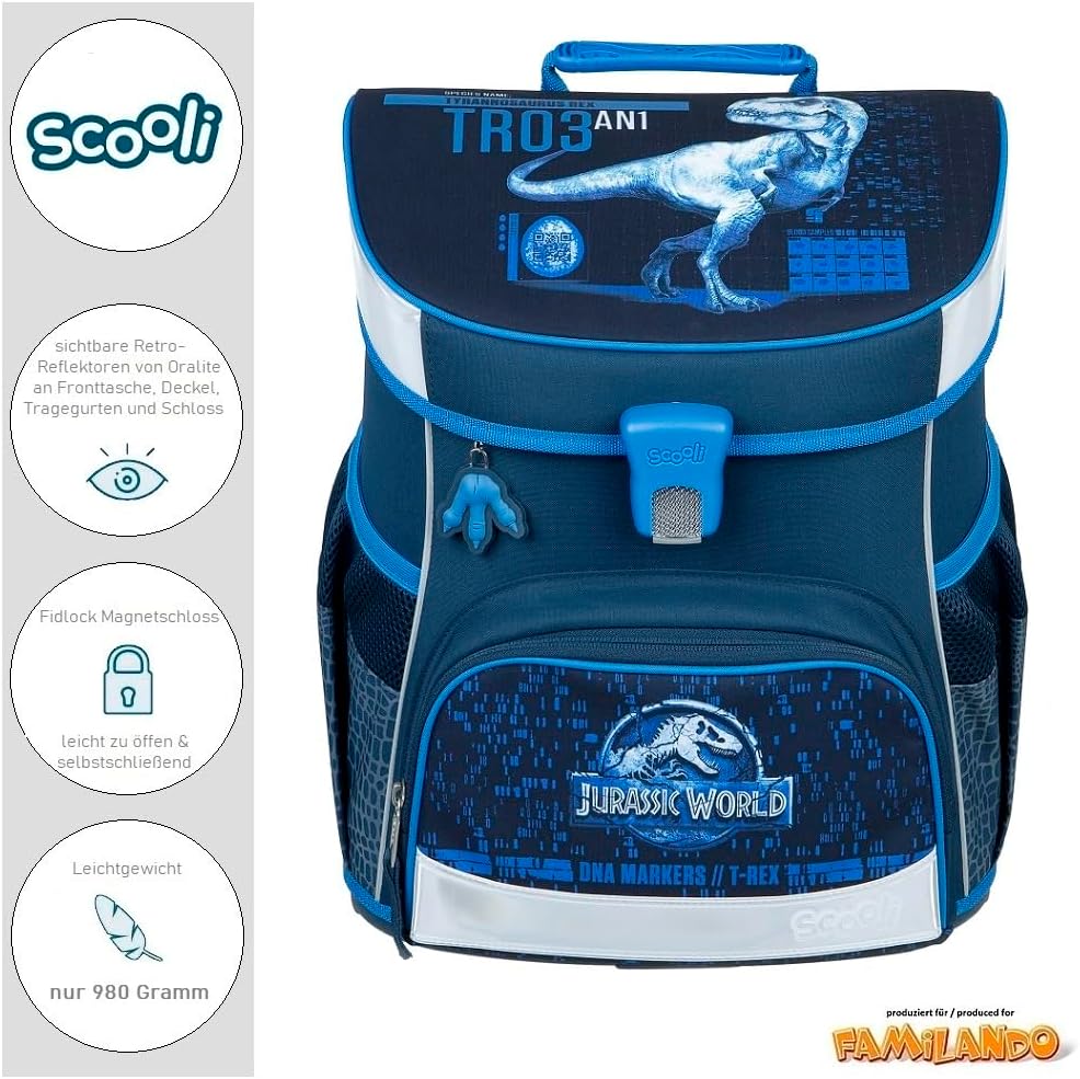 10-teiliges Schulranzen-Set, Jurassic World Dinosaurier Dunkelblau 10-teiliges Set mit Schultüte