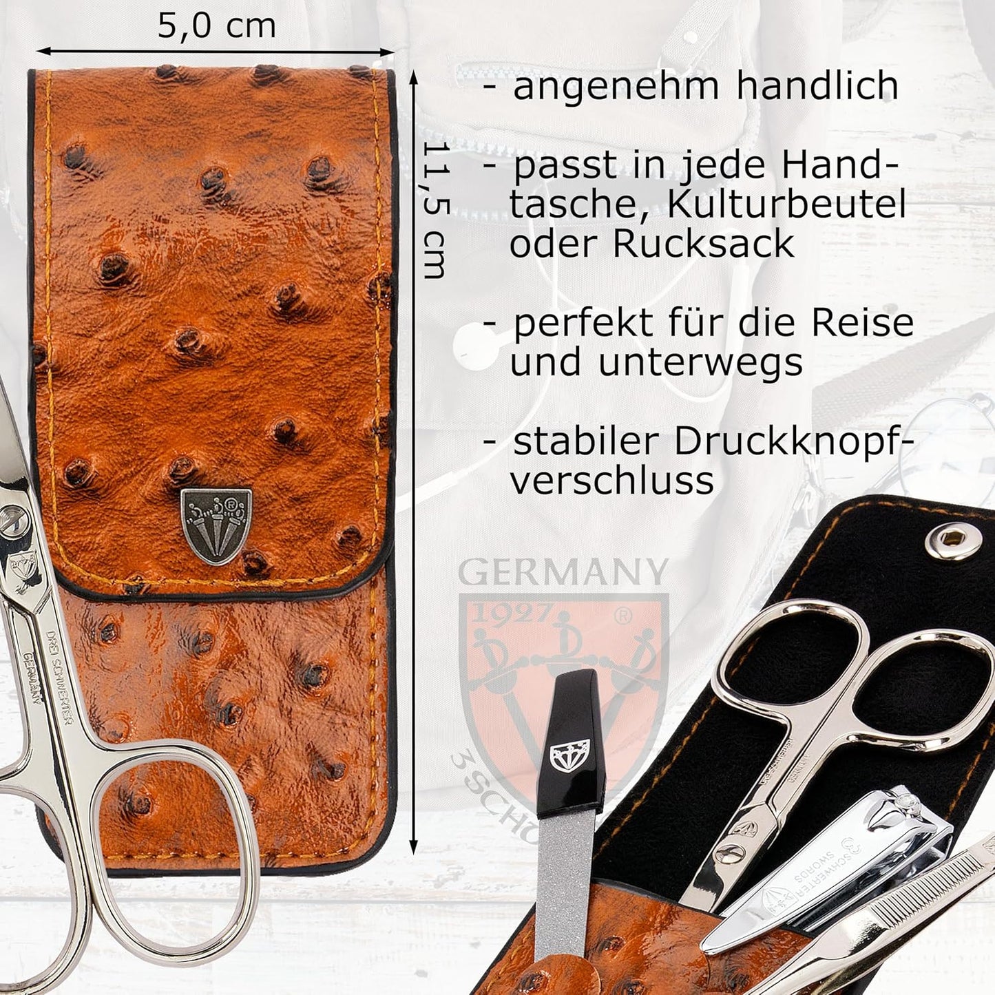4-tlg. Nagelpflegeset Capri für Maniküre & Pediküre, STRAUSSIMITAT COGNAC - KUNSTLEDER