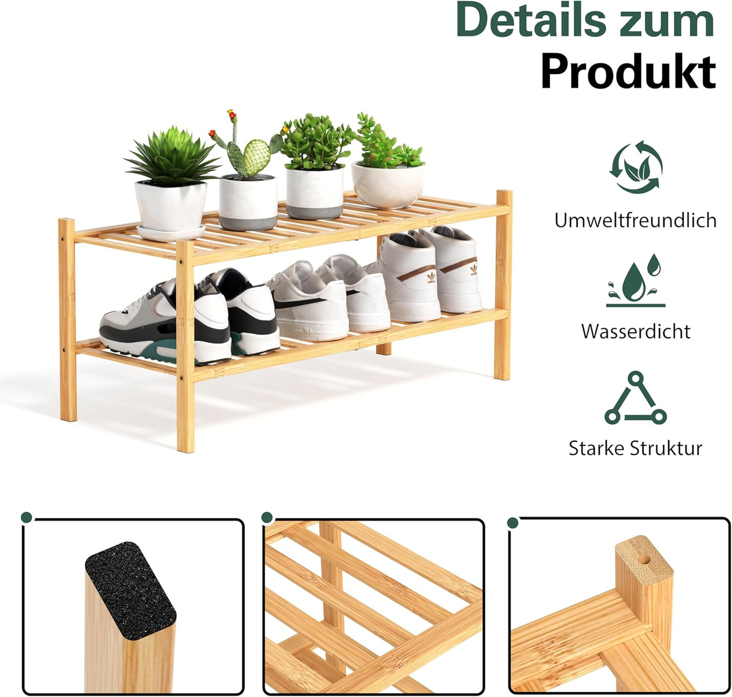 Schuhregal mit 2 Ebenen, Bambus 2 Ebenen