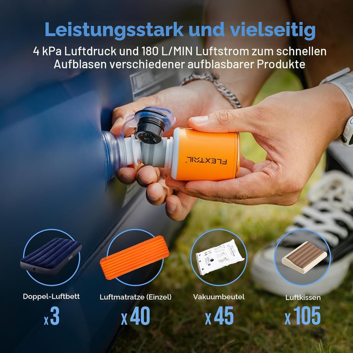 Elektrische Luftpumpe Tiny Pump 2X, Orange mit Licht