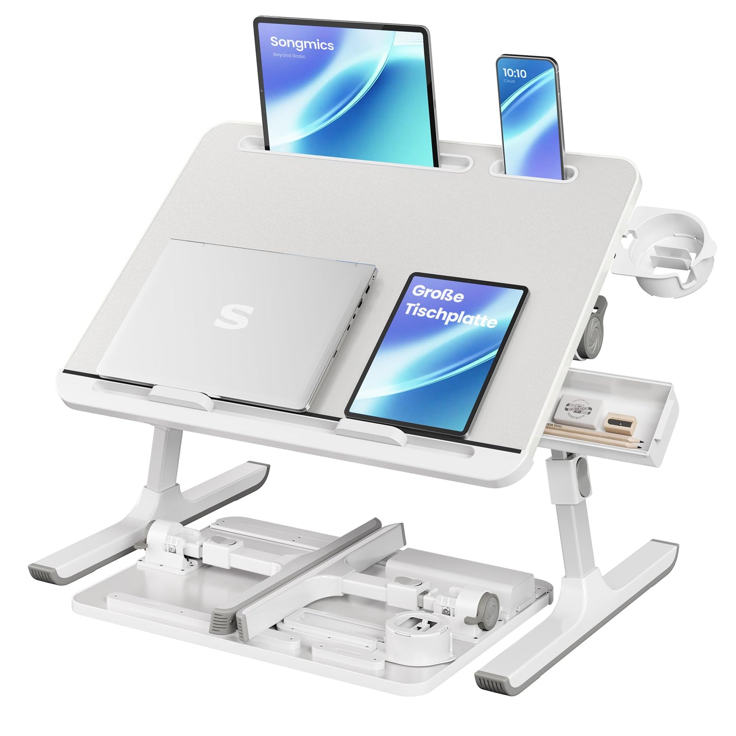 Laptoptisch mit Getränkehalter und Schublade, Grau