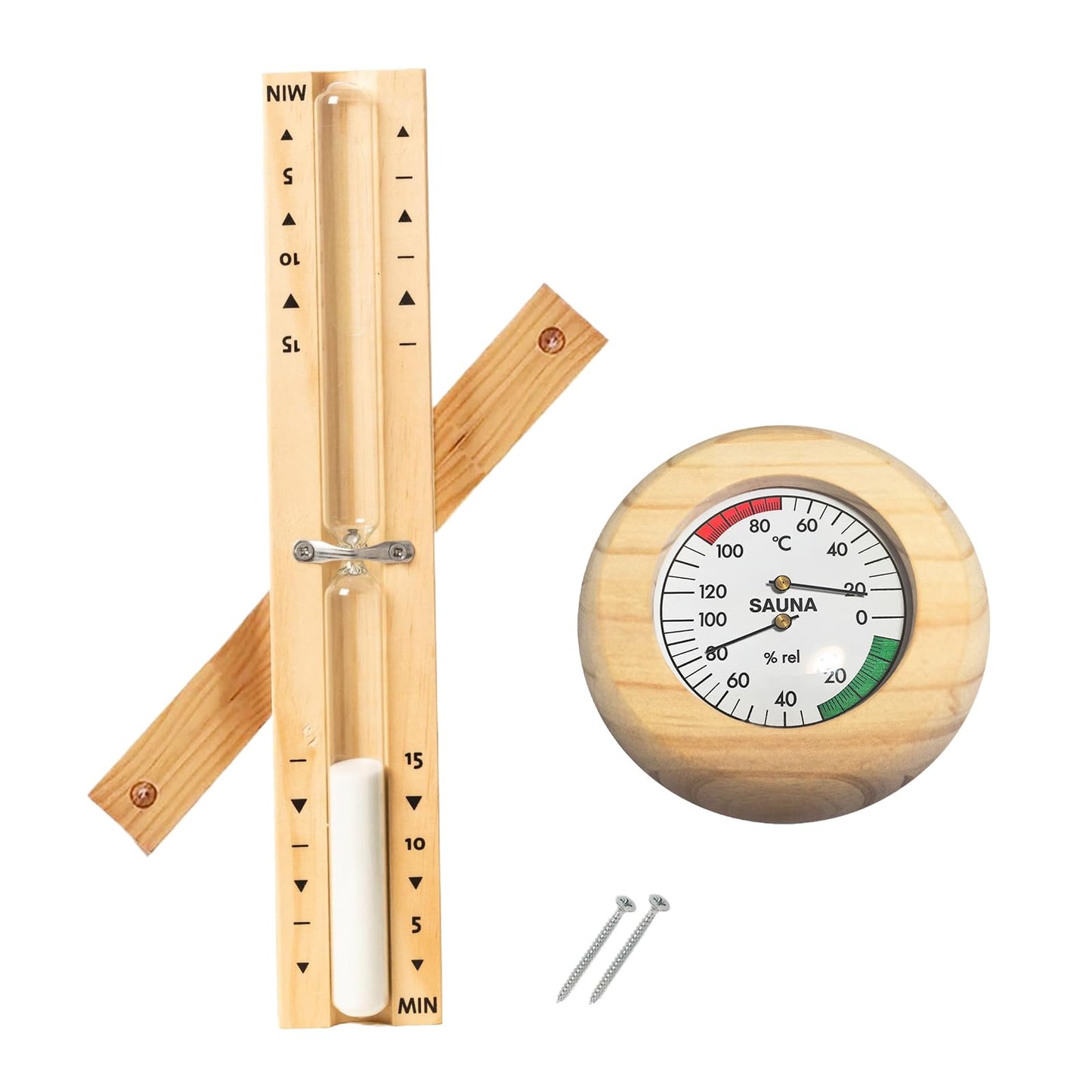 Sauna-Thermometer mit Sanduhr, Natürliche Holzfarbe