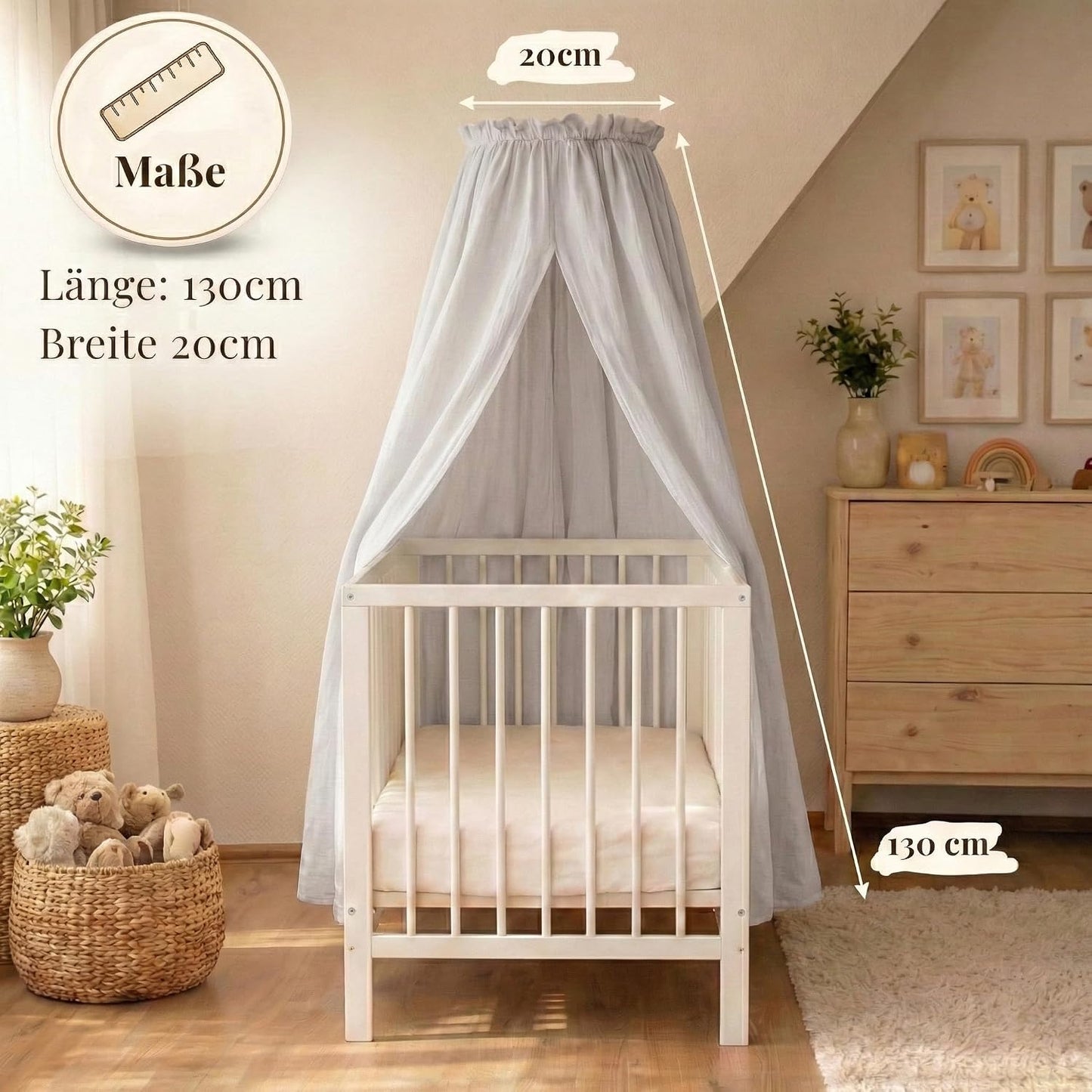 Betthimmel-Set für Babybett, montierbarer Ständer + Stoff hellgrey
