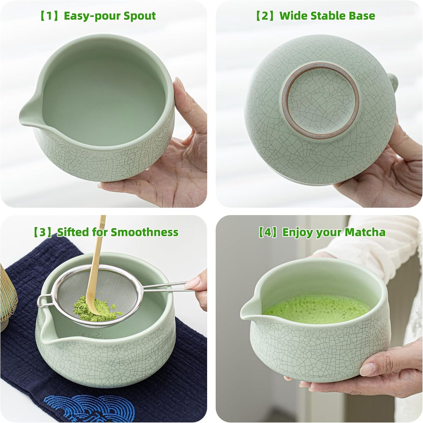 7-teiliges Matcha Teezeremonie-Set, Hellgrün mit Schwarzer Naht