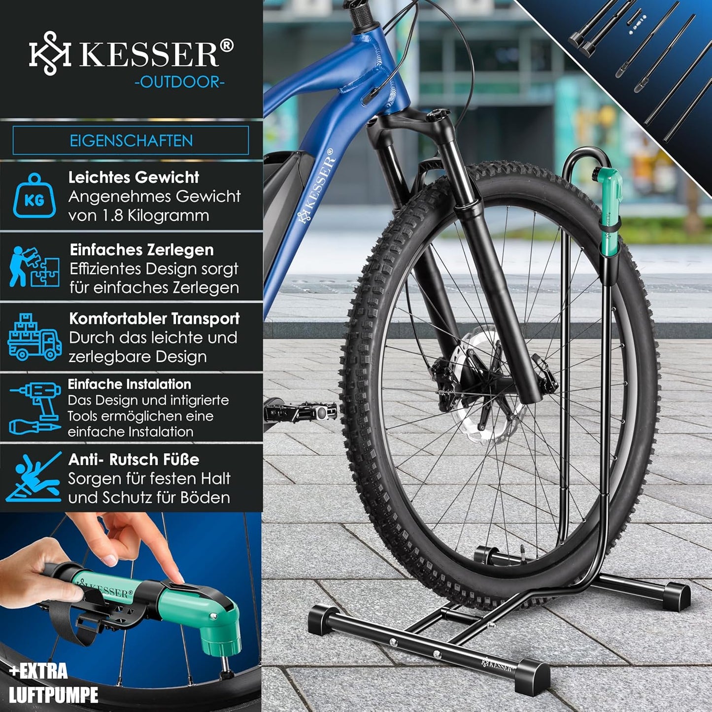 Veloständer mit Luftpumpe, Schwarz / 1er Set