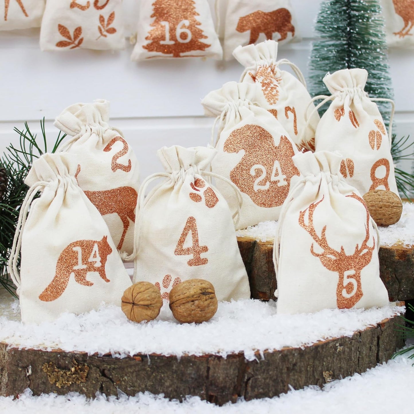 Adventskalender mit Stoffsäckchen, Waldtier Glitzer