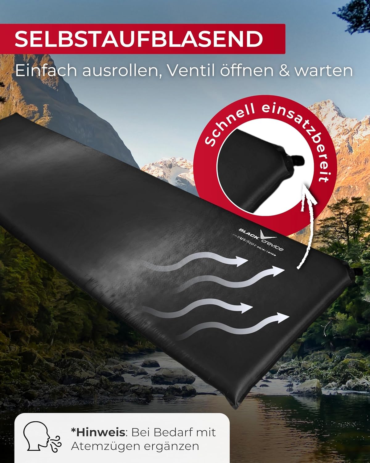 Selbstaufblasbare Isomatte, 10 cm Schwarz