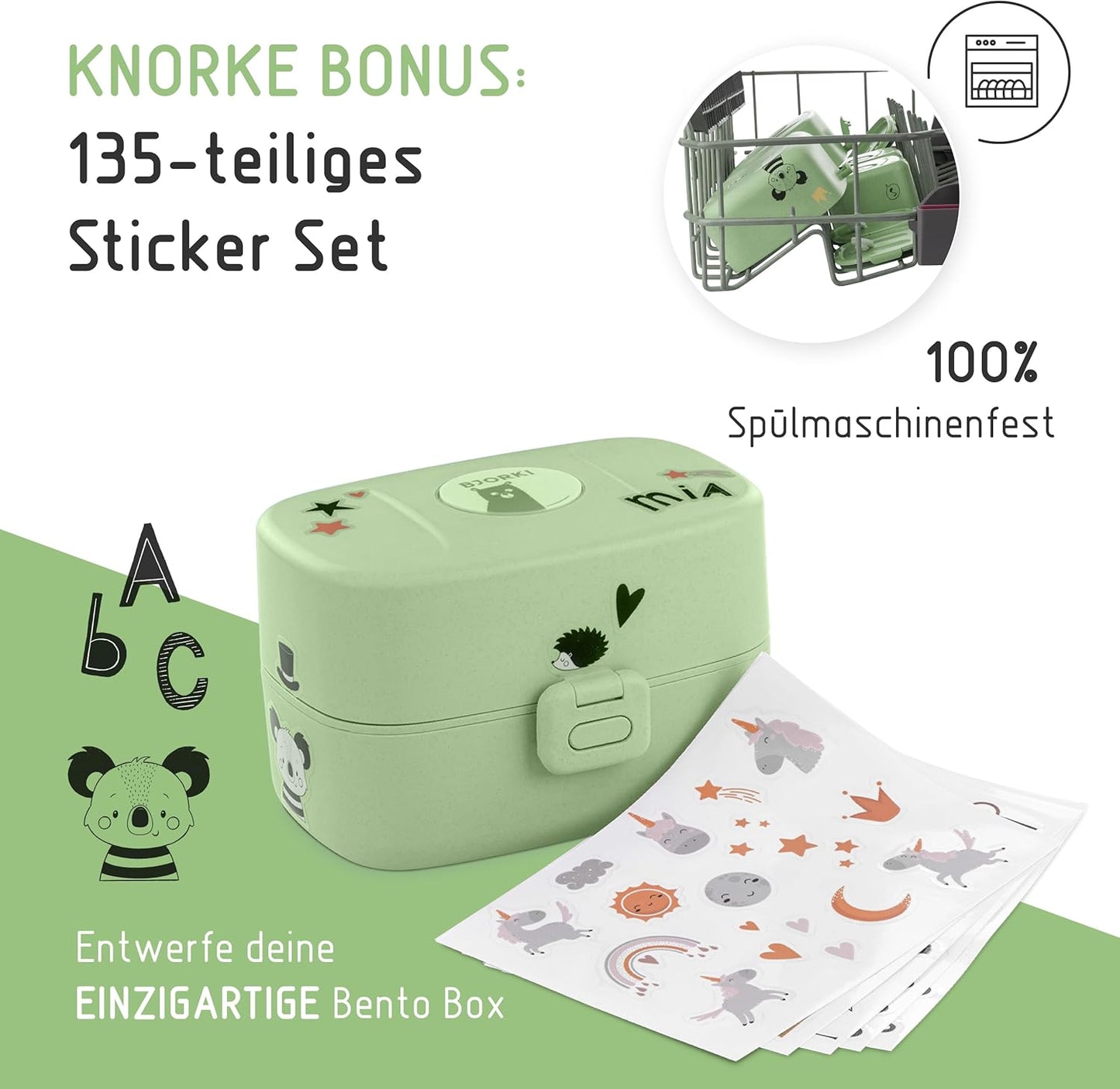 Bento Box für Kinder mit Namenssticker, Pastell Grün