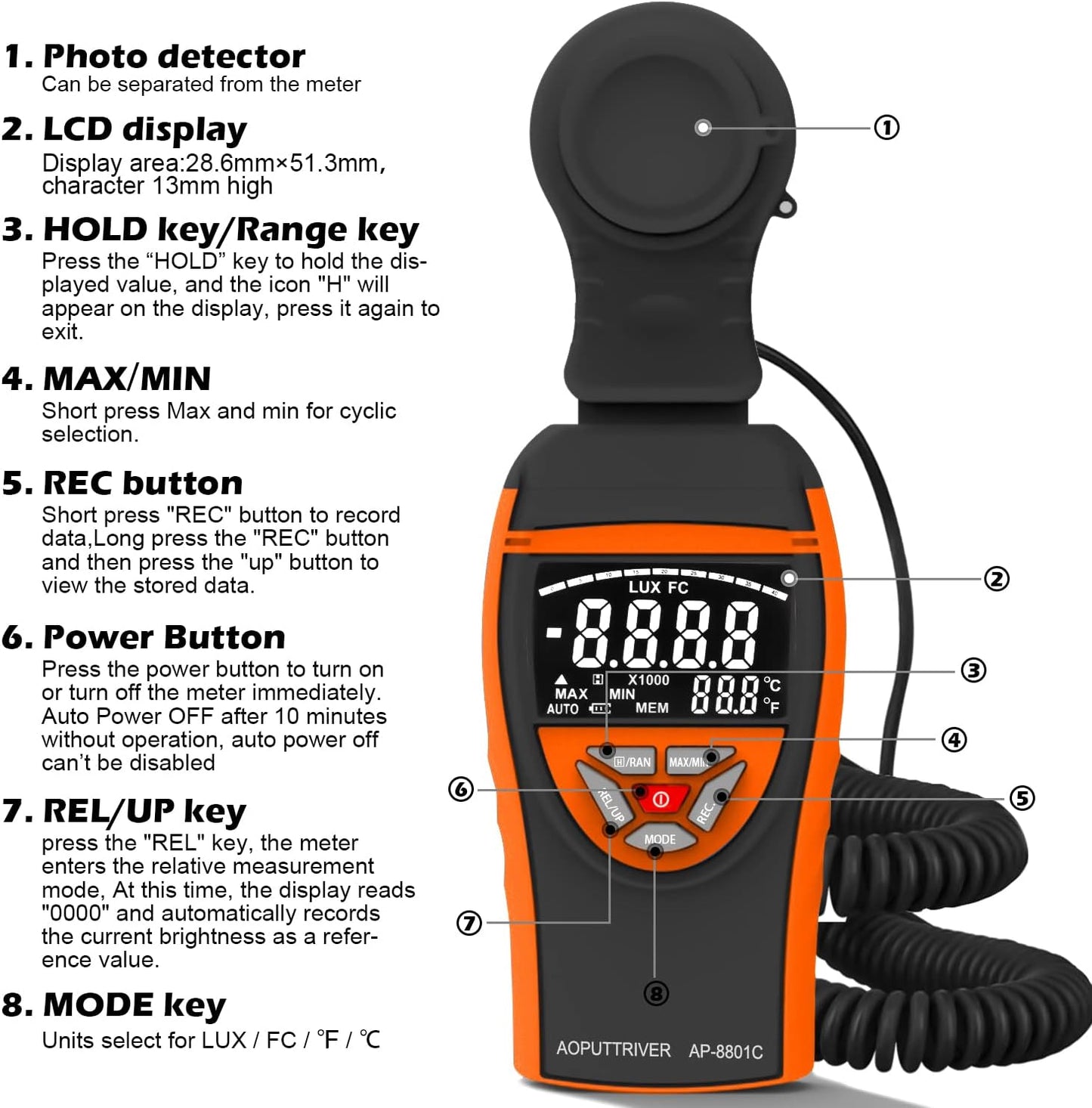 Digital Lux Meter AP-8801C mit Ausziehbarem Sensor, AP-8801C