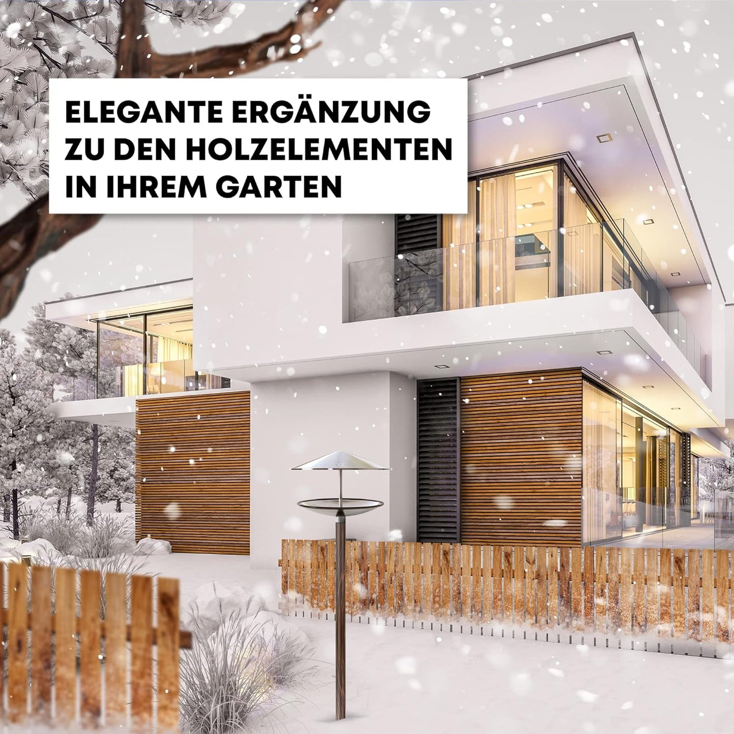 Vogelhaus mit Tränke, Silber/Holzoptik