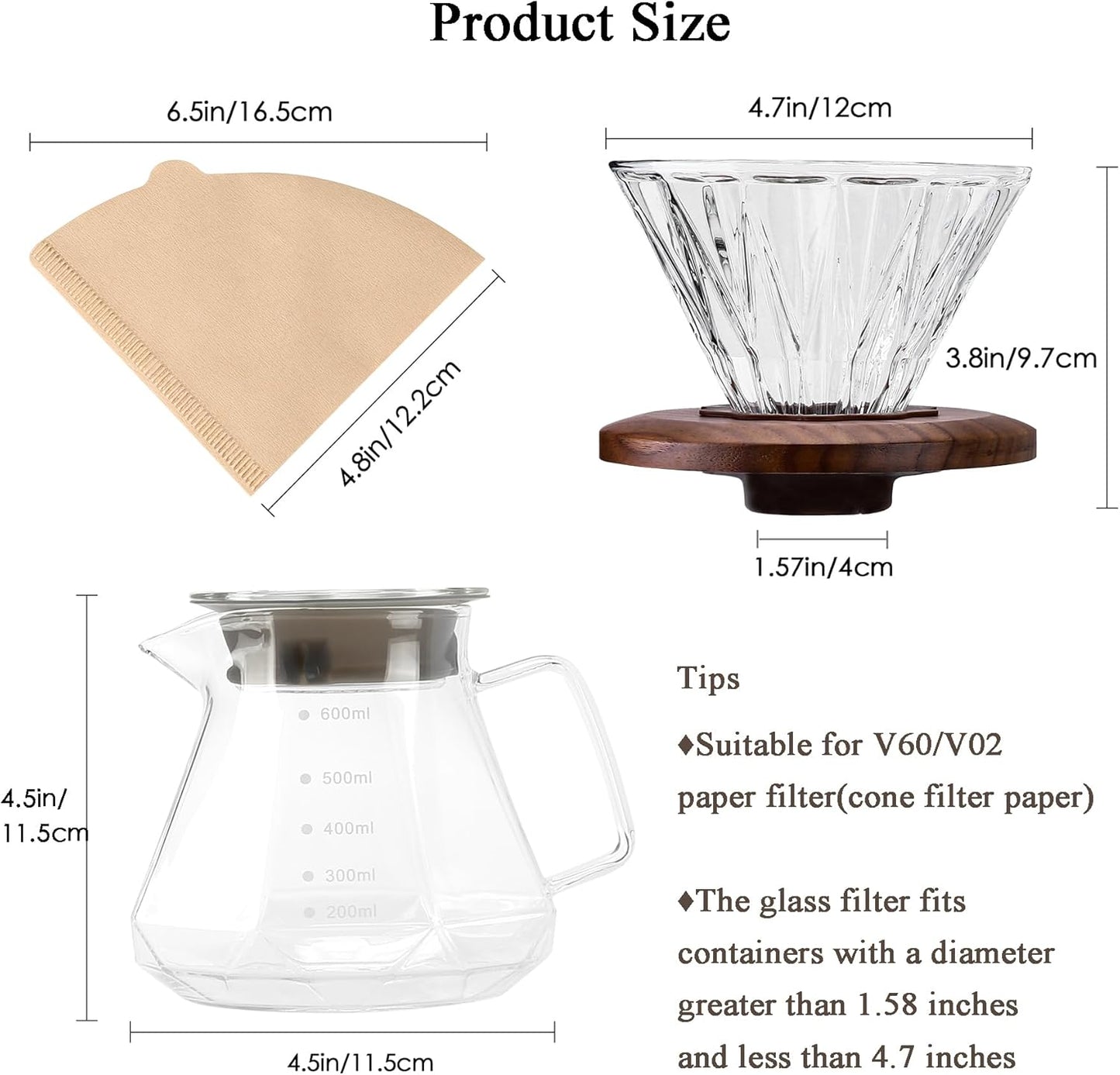 Pour Over Kaffeebereiter mit Papierfiltern, 600 ml(transparent)