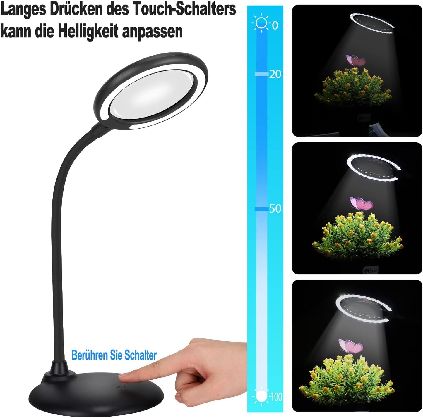 Wiederaufladbare 5-fache Vergrösserungs-Schreibtischlampe, Black-battery