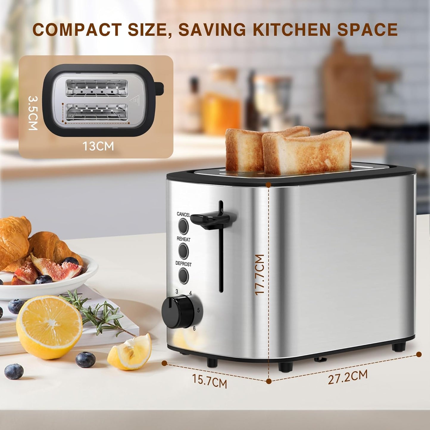 Edelstahl-Toaster mit 6 Bräunungsstufen und Funktionen