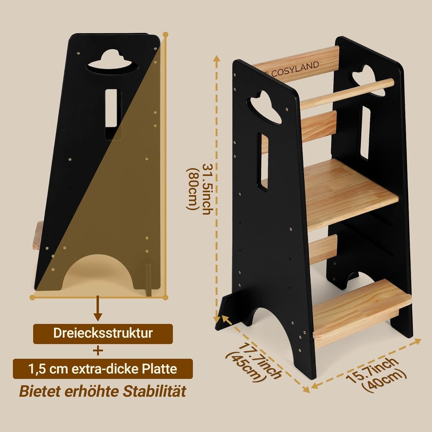 Höhenverstellbarer Lernturm, 80 x 45 x 40 cm Holzfarbe und Schwarz