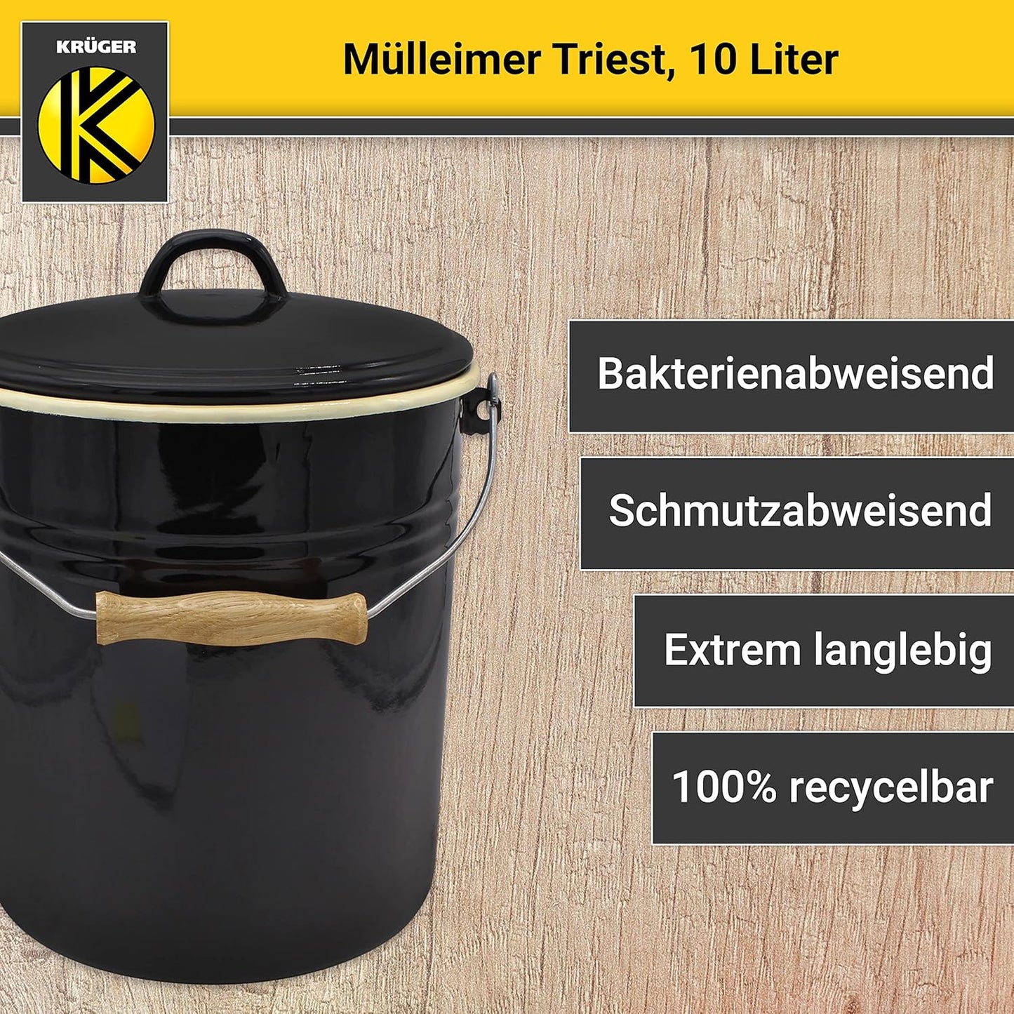 Mülleimer mit Griff und Deckel, 10 Liter Triest