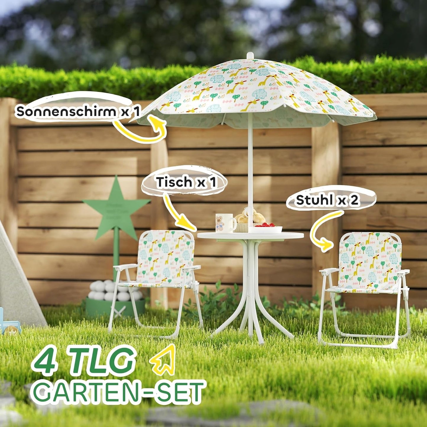 Garten-Kindersitzgruppe Stahl, Polyester Weiss, Weiss-elefanten- und Giraffenmuster