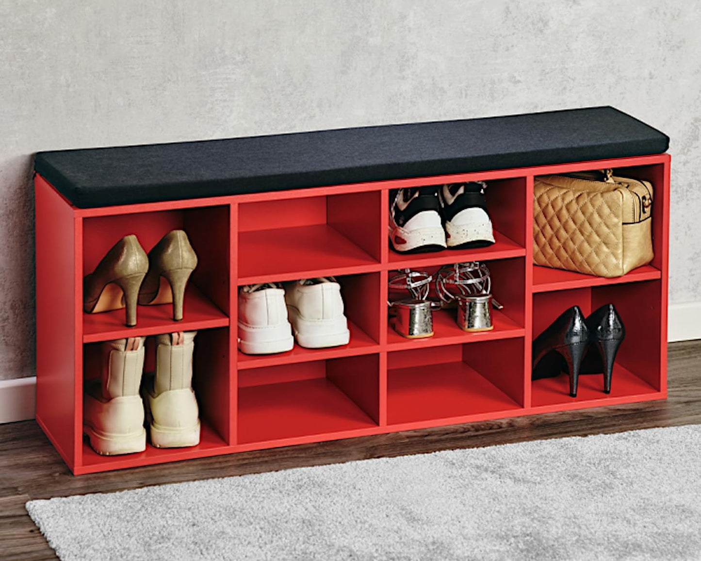 Schuhschrank mit Sitzkissen, Spanplatte, funiert, 103,5 x 29,5 x 48 cm Rot