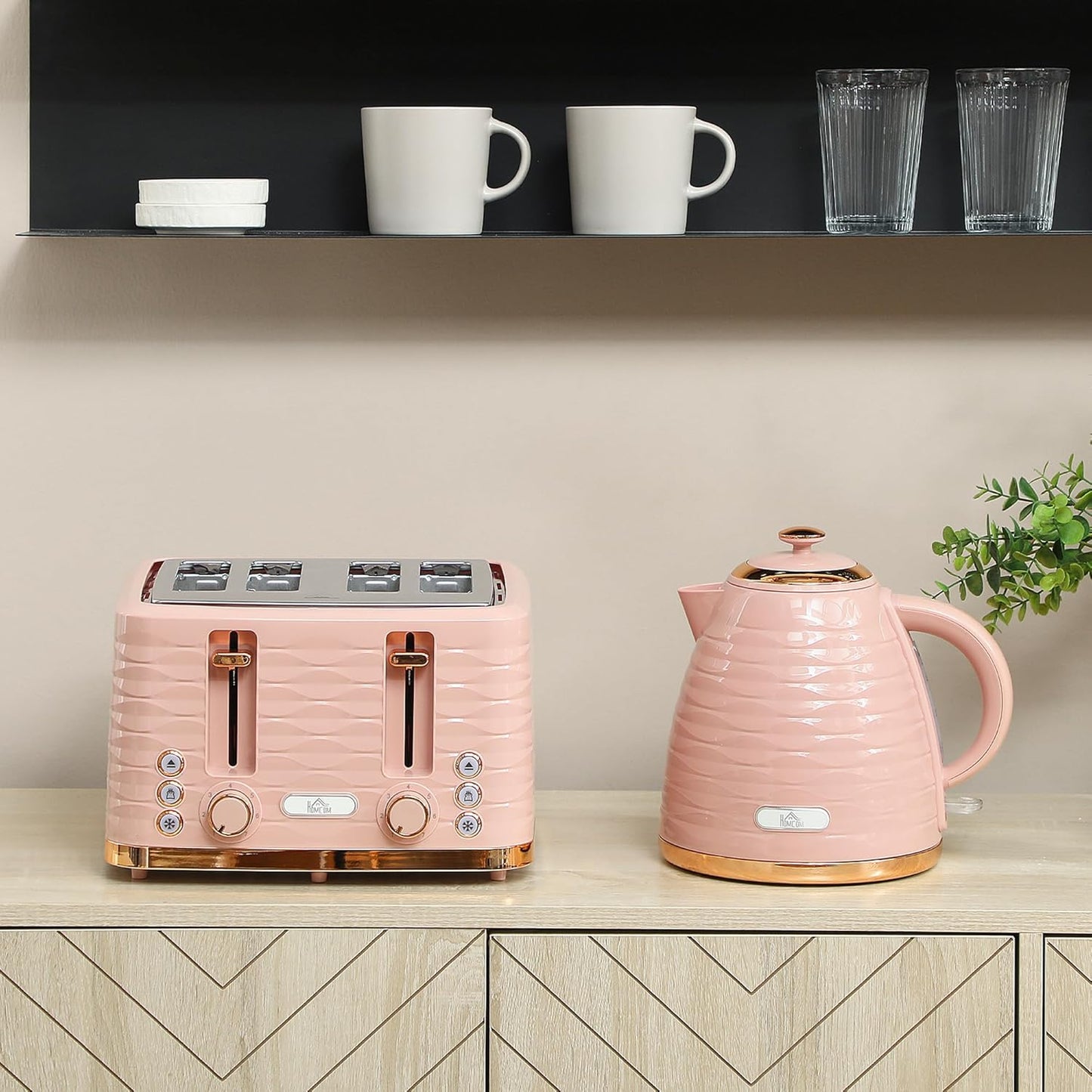 Frühstücksset mit Wasserkocher und 4-Scheiben Toaster, Rosa