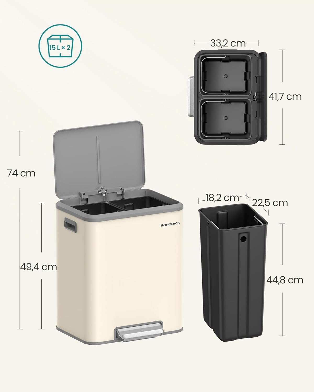 Mülltrennsystem mit Softclose-Deckel, sandbeige
