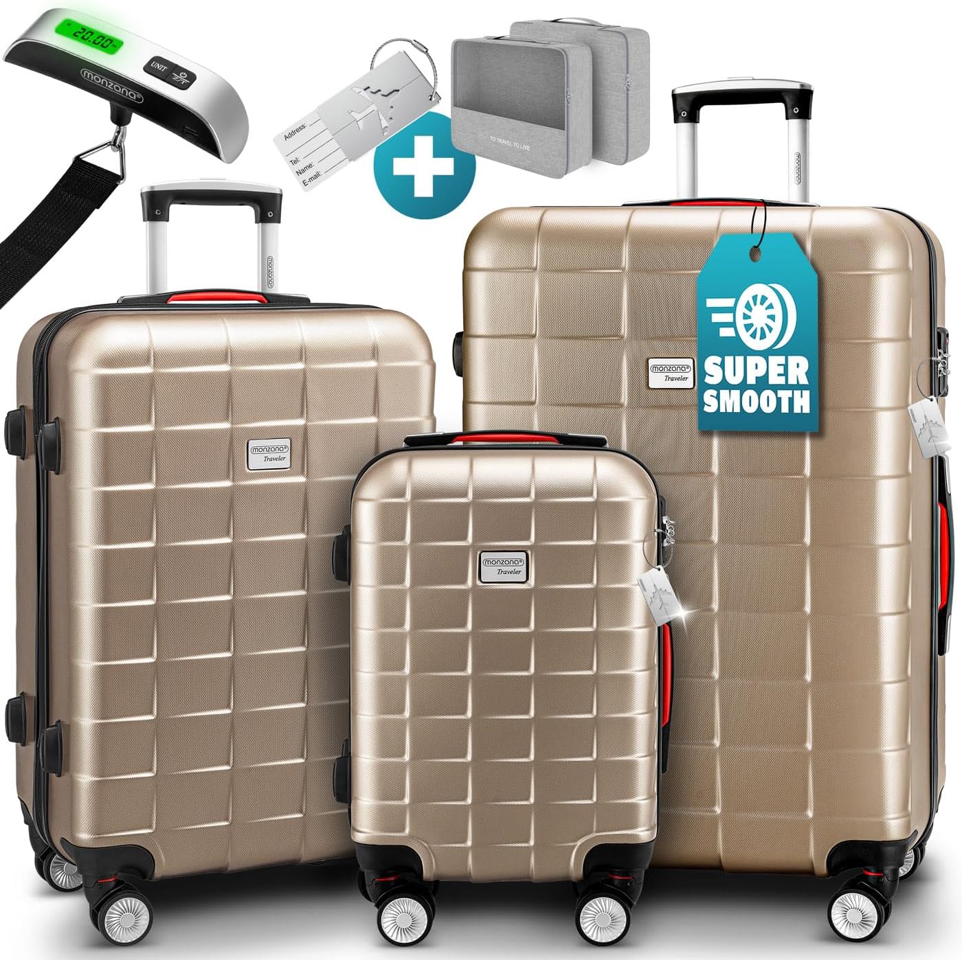 3-teiliges Kofferset mit TSA Schloss, Organizer und Kofferwaage, Champagner