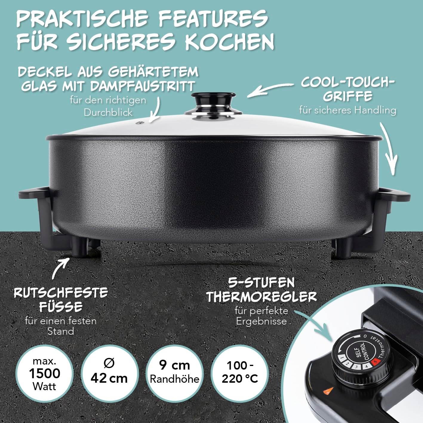 Elektrische Pizza-Pfanne mit Thermostat & Glasdeckel, ⌀ 42 cm | 8 Liter