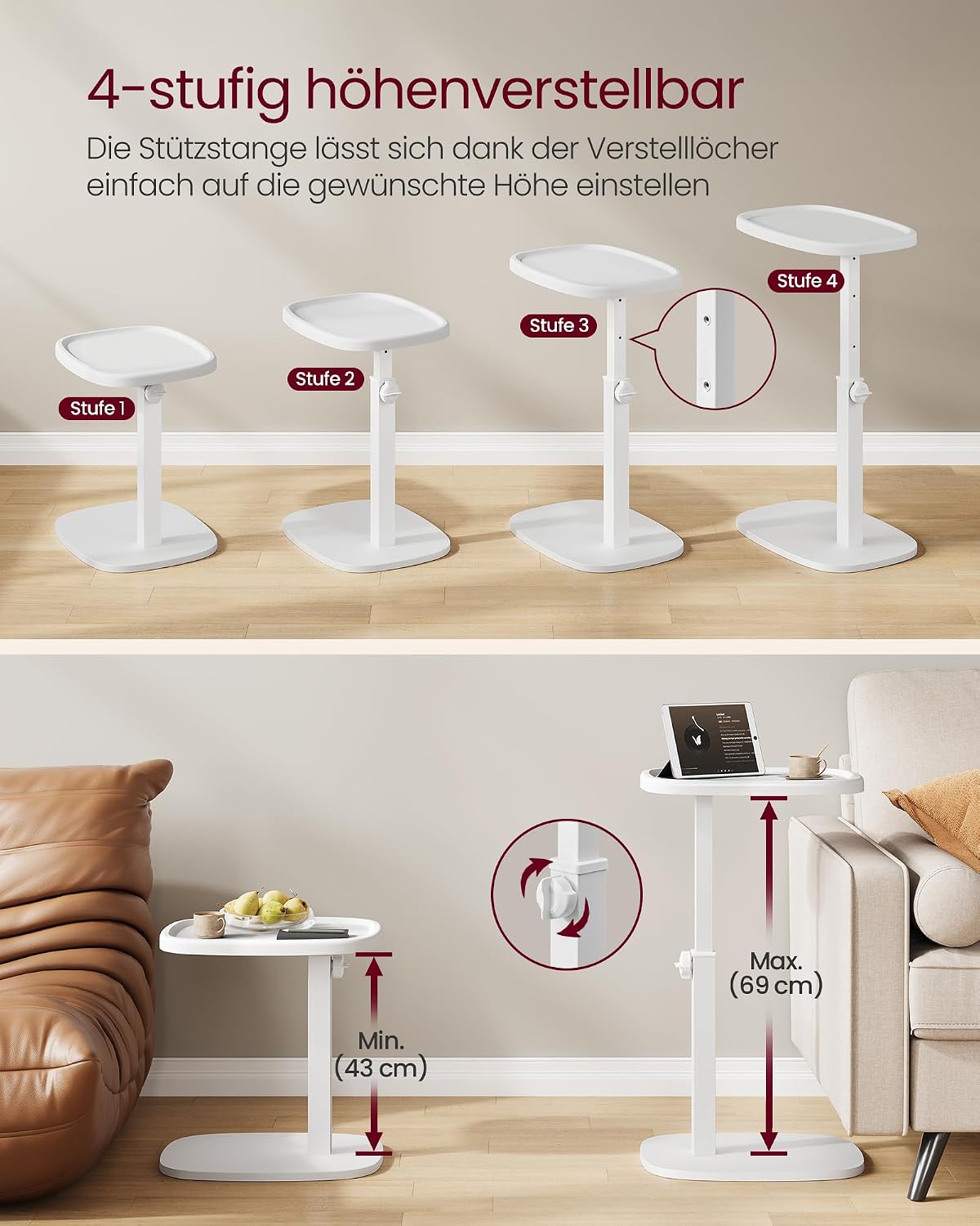 Höhenverstellbarer C-Form Beistelltisch, Wolkenweiss + Höhenverstellbar