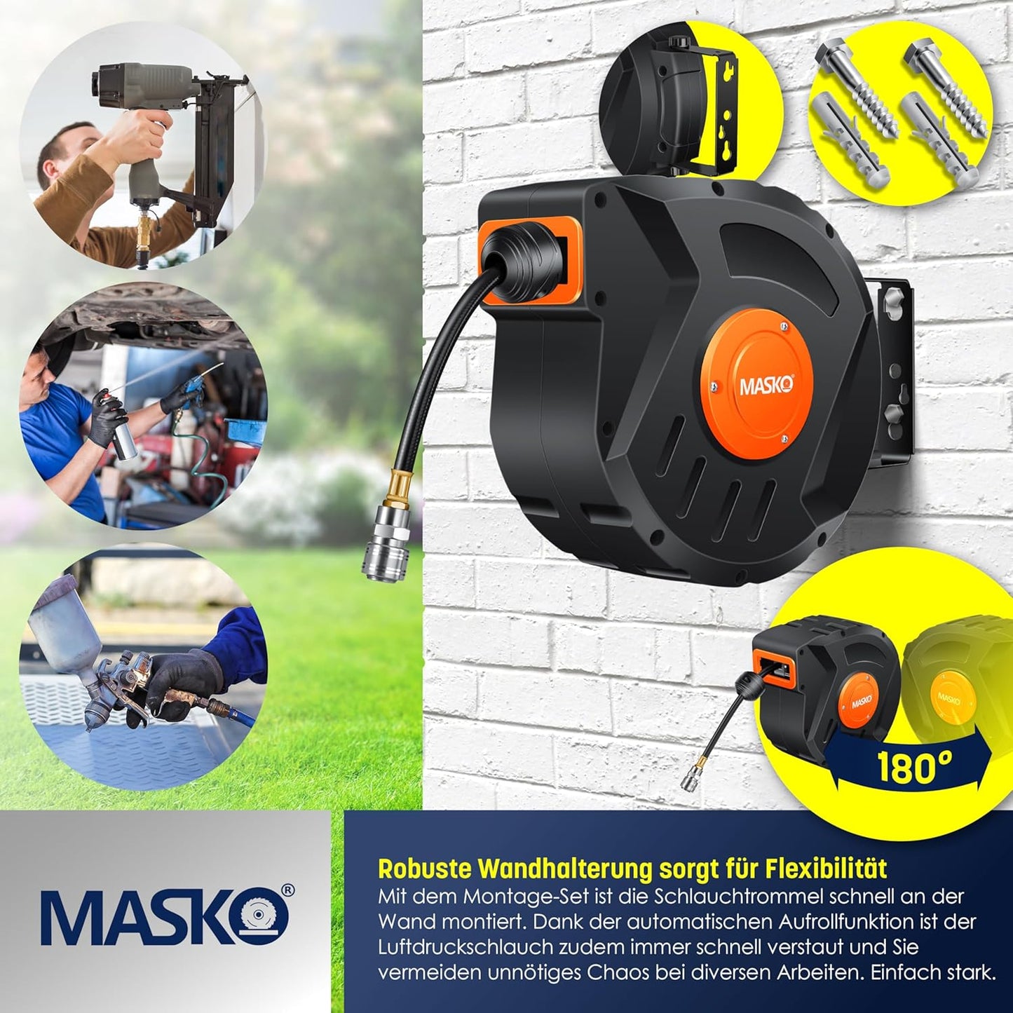 Automatik Druckluftschlauch Aufroller, 10 m Orange / Schwarz