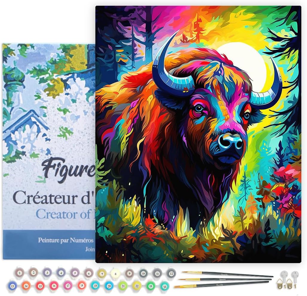 Malen nach Zahlen Set mit Rahmen (40x50cm) Abstrakter Bison, Bison Farbenfroh Abstrakt 40x50cm Mit Rahmen (bereits gespannt)