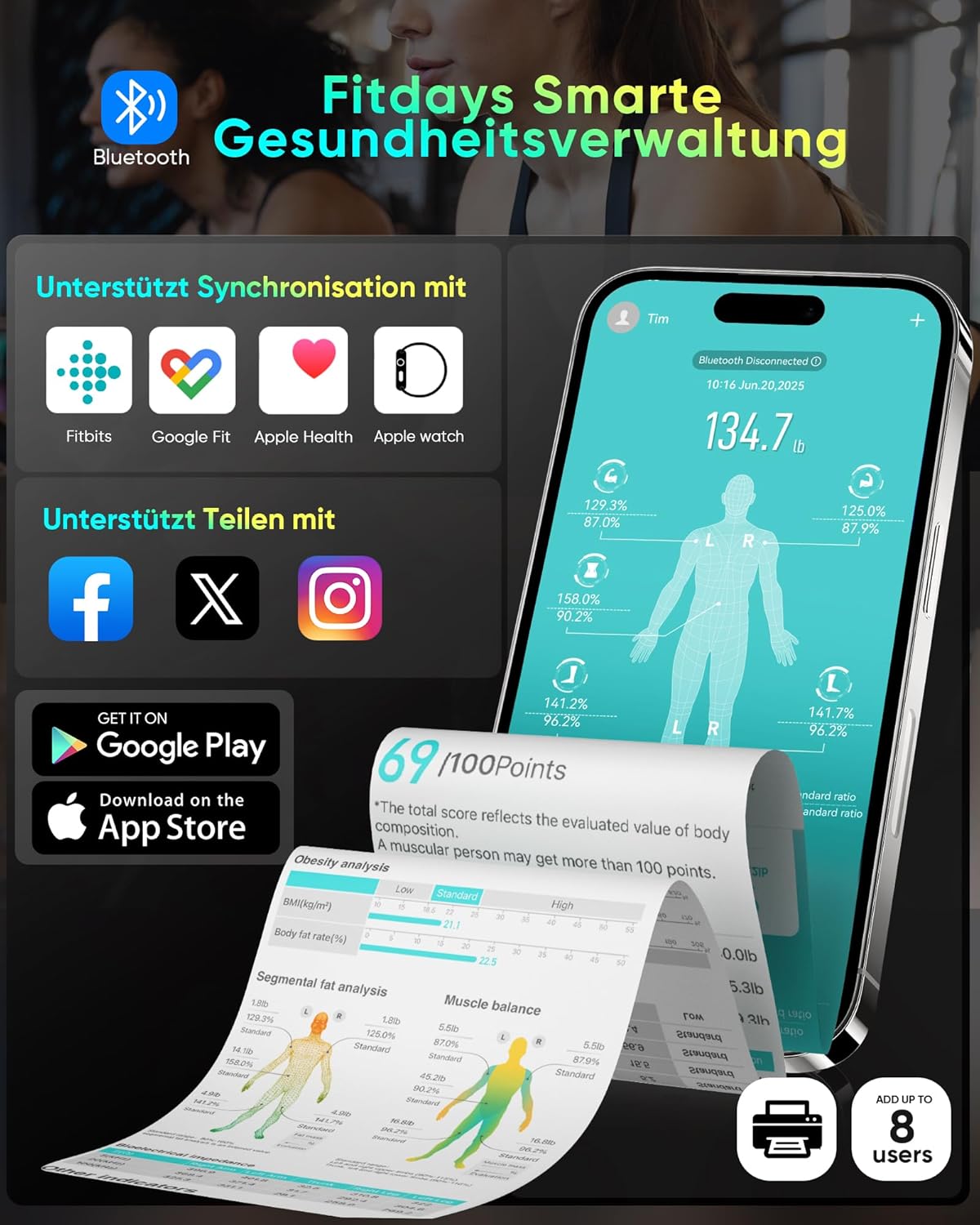 Digitale Körperfettwaage mit 8-Elektroden & App Integration, Schwarz