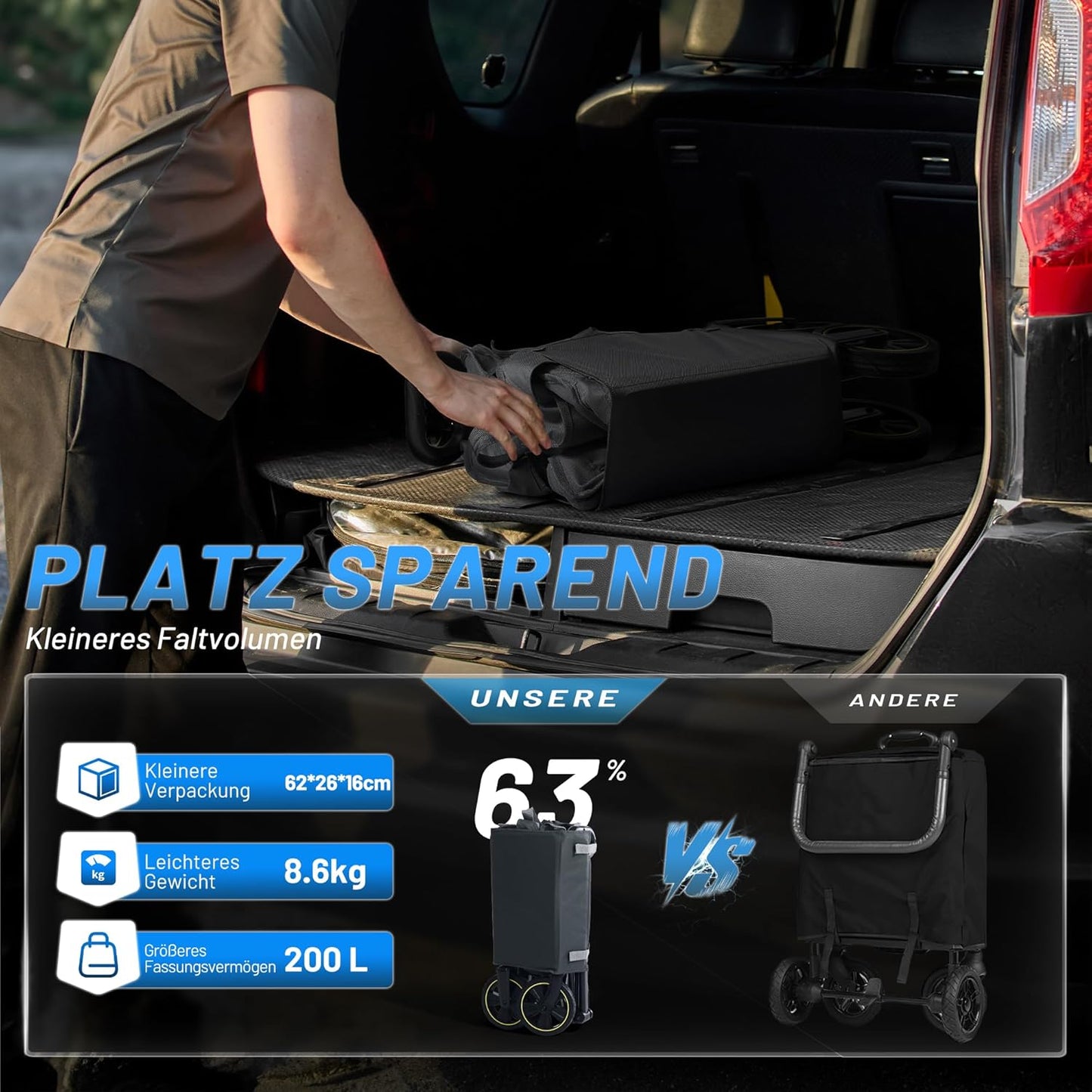 Faltbarer Bollerwagen mit verstellbarem Griff, Grau