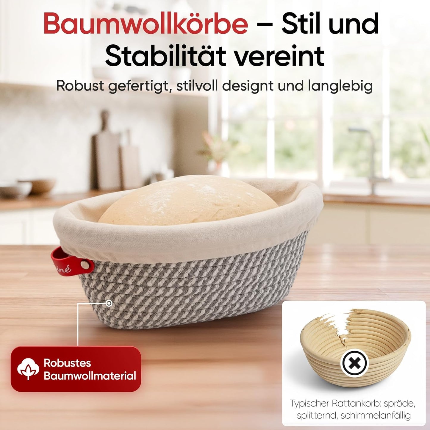 Gärkörbchen-Set für Brotbacken, Grau (Rund) + Grau/Weiss (Oval)