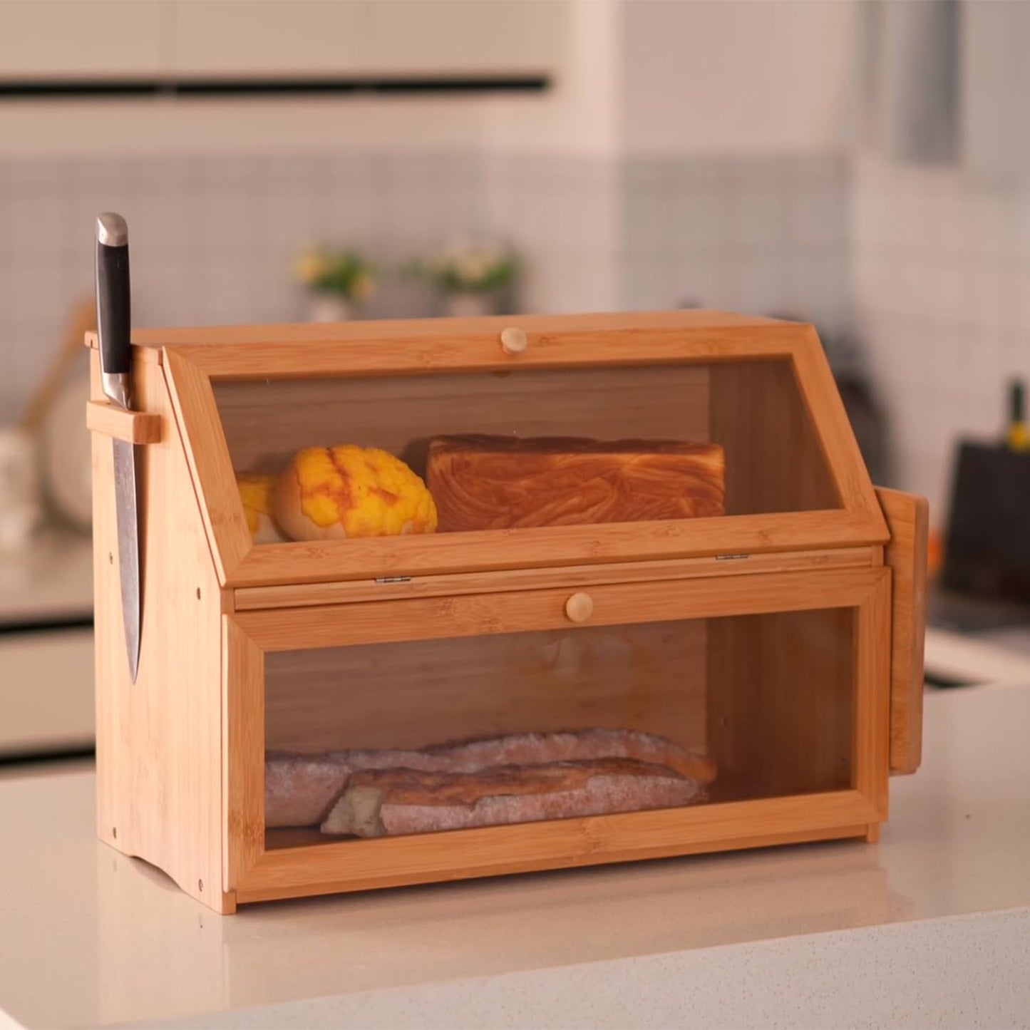 Zweistöckiger Brotkasten mit Belüftung, Natur/Gross 50x25x37cm Durchsichtiges Fenster