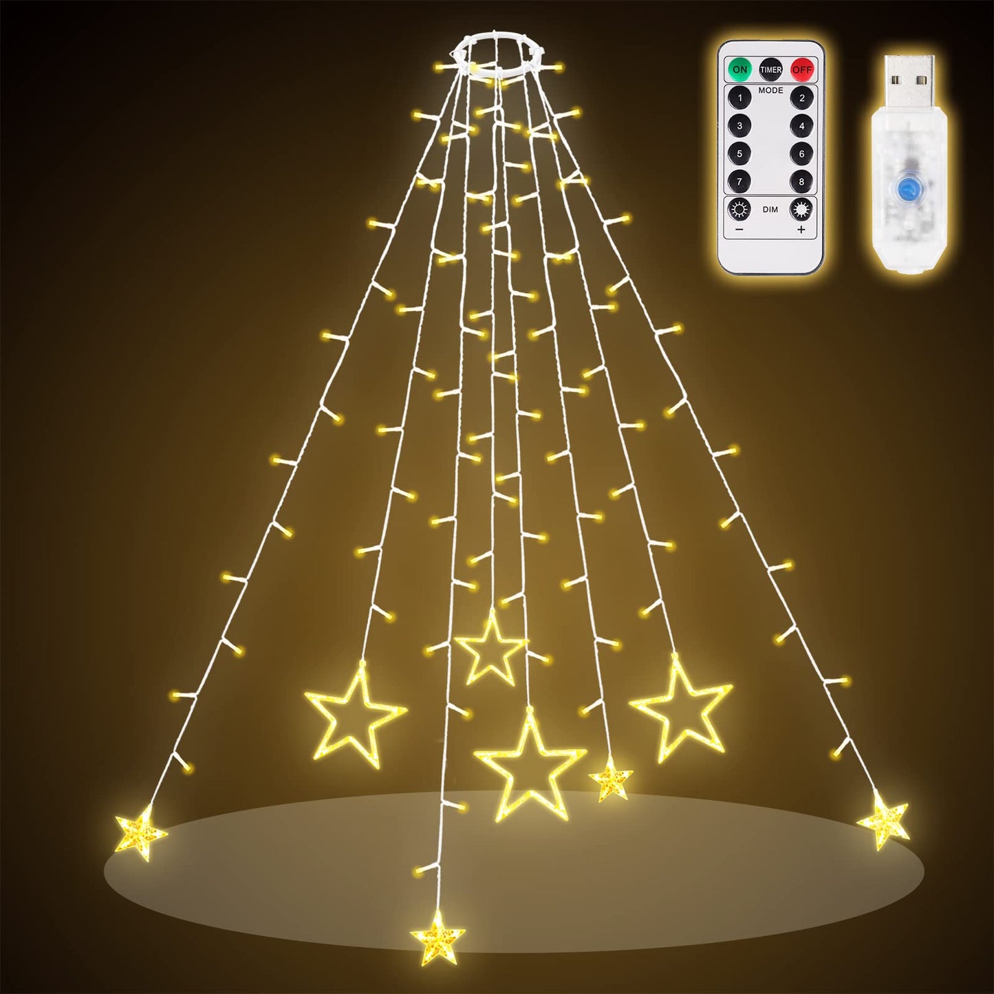 Christbaumbeleuchtung mit Fernbedienung und 9 Modi, Warmweiss Sternspitze Usb 1,5m+1m