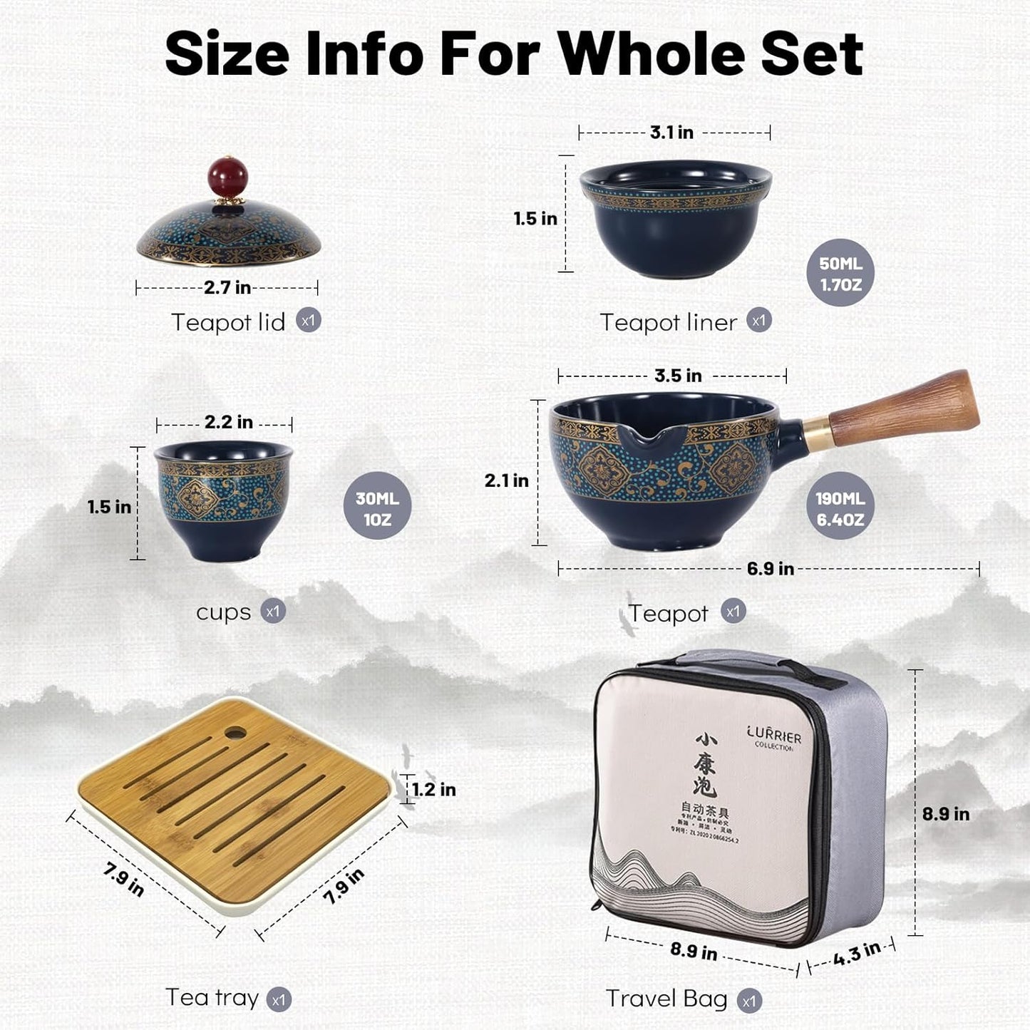 Chinesisches Gongfu-Tee-Set mit drehbarem Teebereiter, Blumenblau