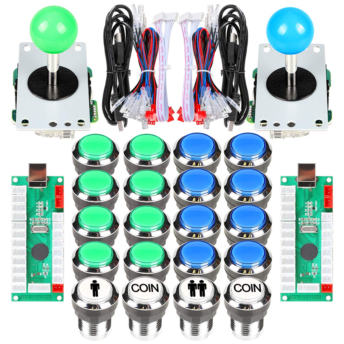 Arcade Joystick DIY-Set mit LED-Drucktasten, Blau - Grün Kit