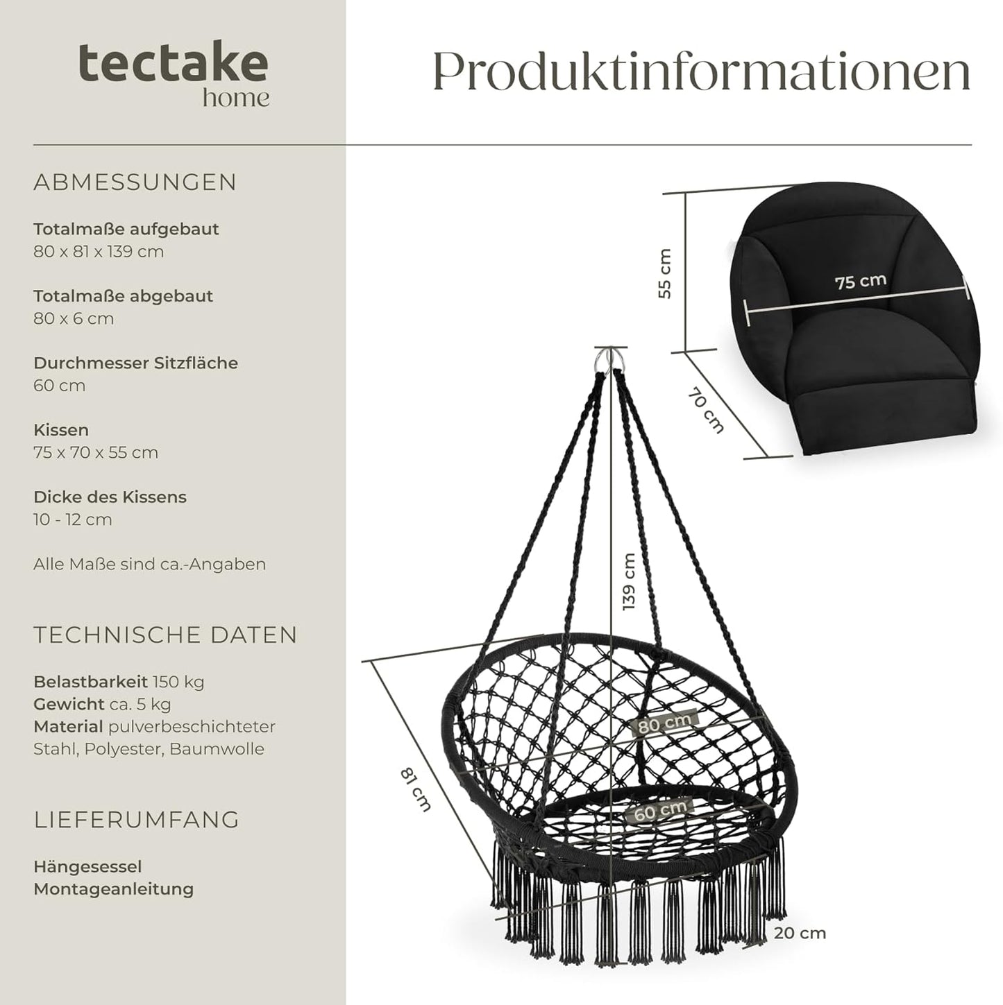 Boho Hängesessel mit dickem Kissen & Gestell, Schwarz