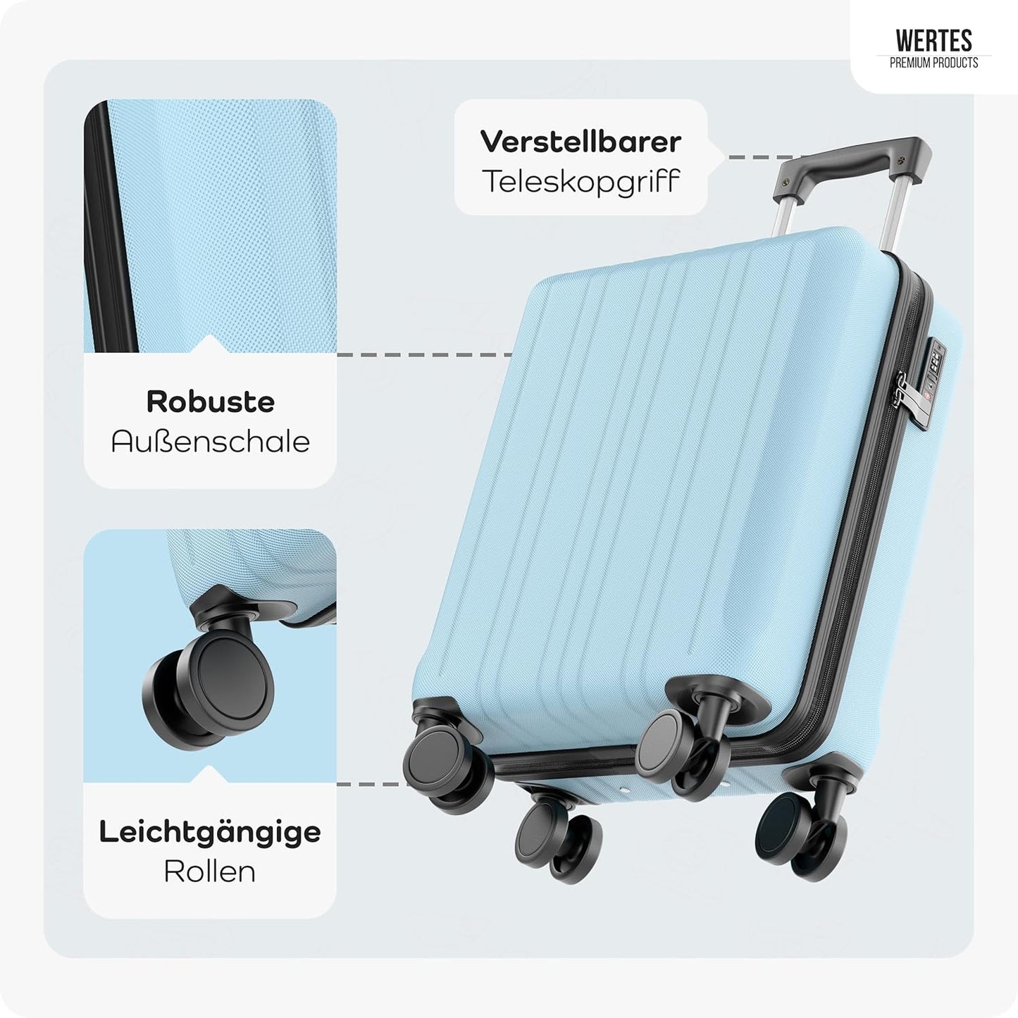 Handgepäck Trolley mit Doppelrollen, Hellblau Handgepäck - 55x40x20cm