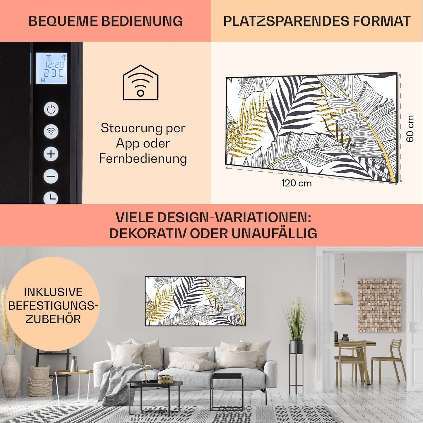 Air Art Smart Infrarotheizung, 120 x 60 cm/ 700 W Blatt - Schwarz
