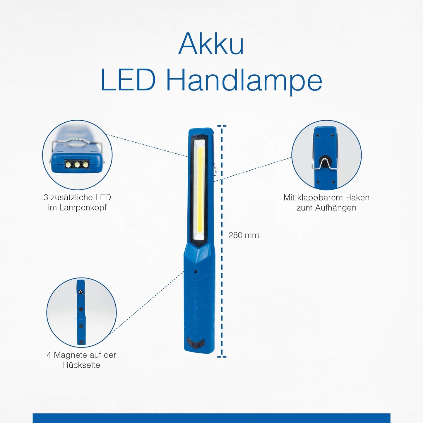 Akku-LED-Inspektionslampe mit Magnet und Haken