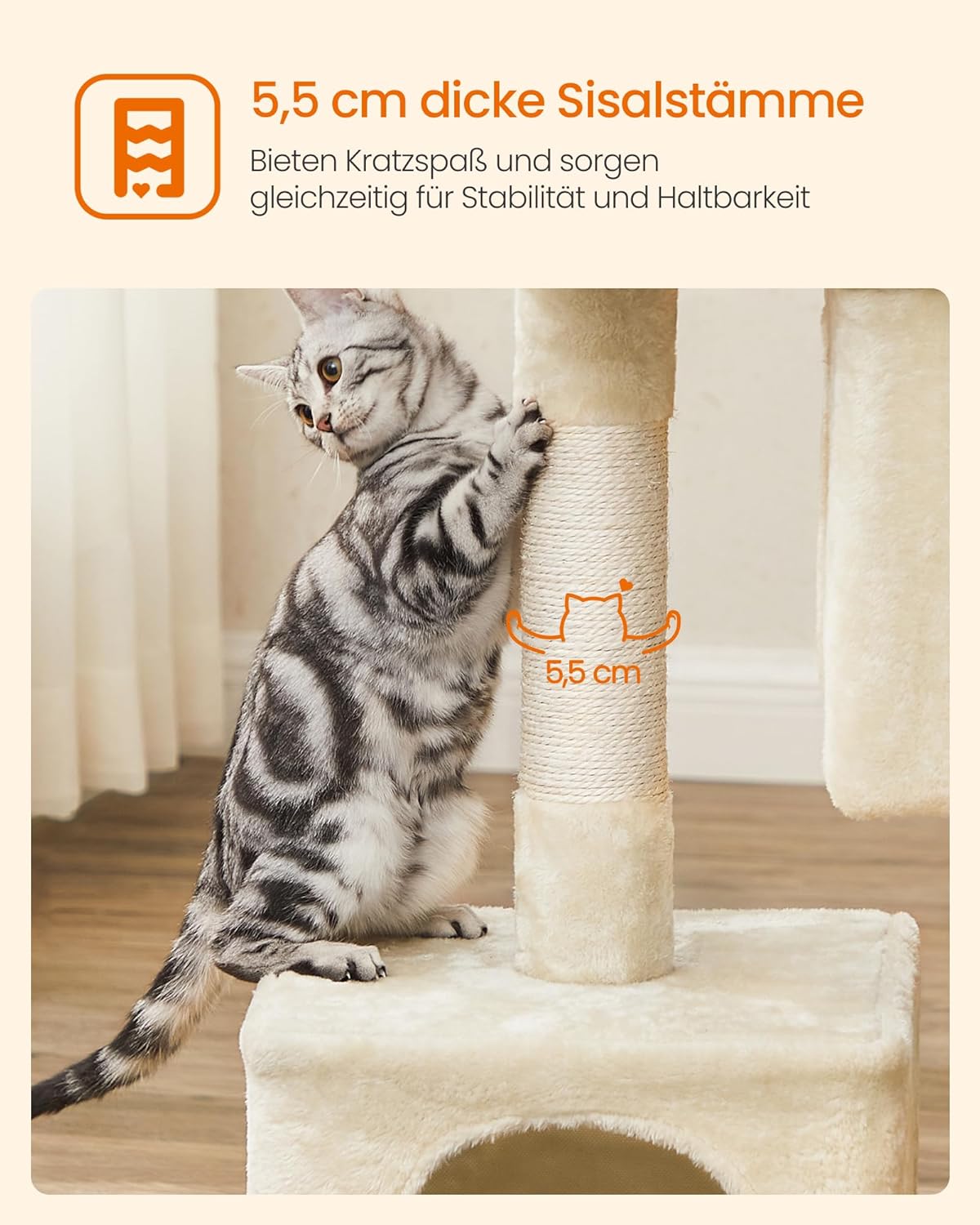 Kratzbaum PCT61M mit Katzenhaus und Plattform, L (60 x 40 x 84 cm) Beige