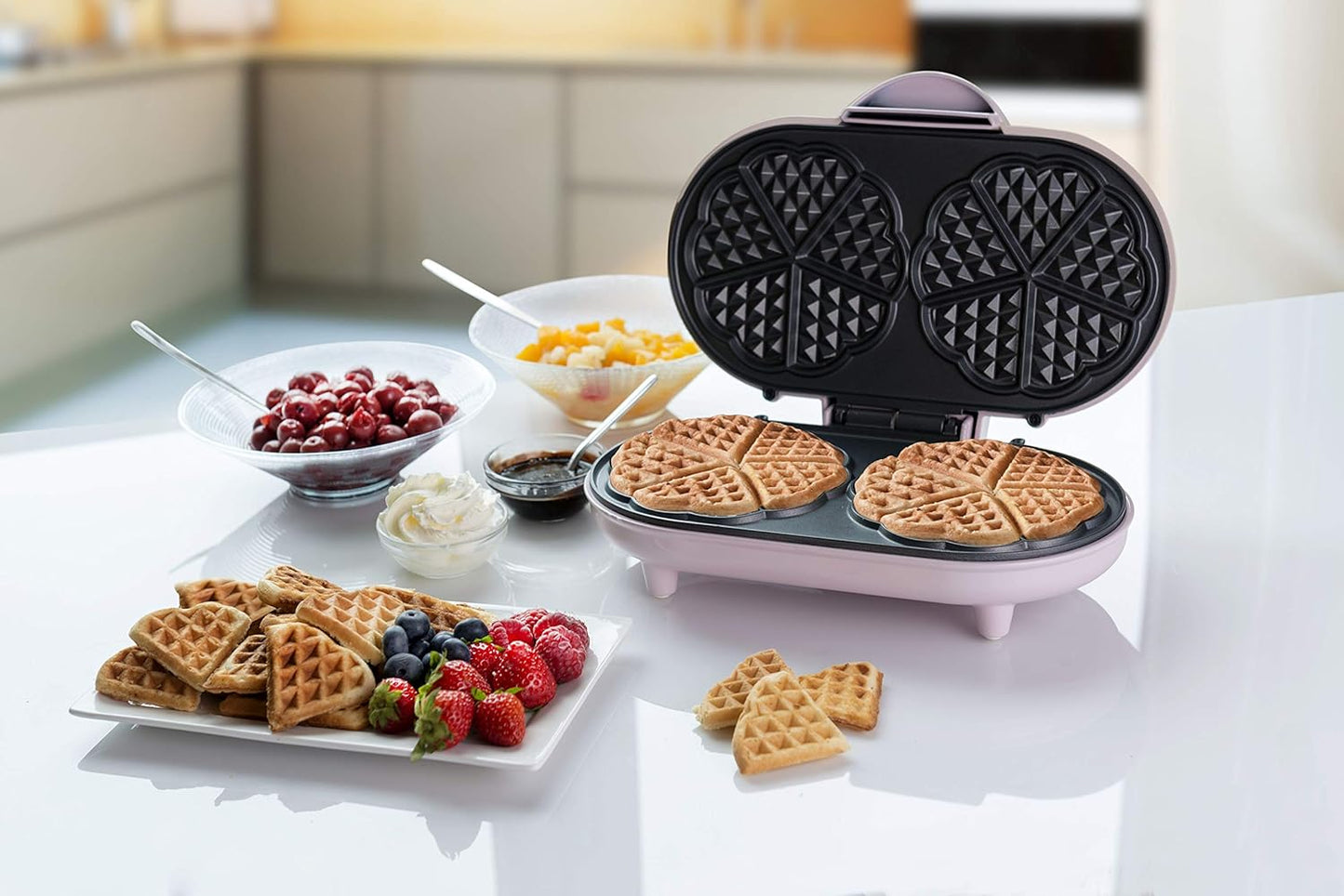 Doppel-Waffeleisen für Herzwaffeln mit Antihaftbeschichtung, Rosa