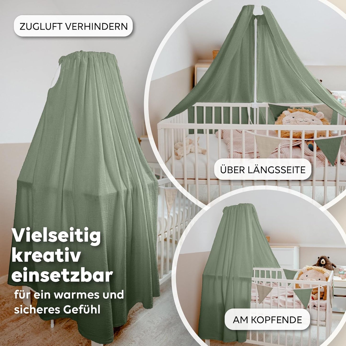 Betthimmel aus Musselin für Babybett, Eukalyptus ohne Himmelstange