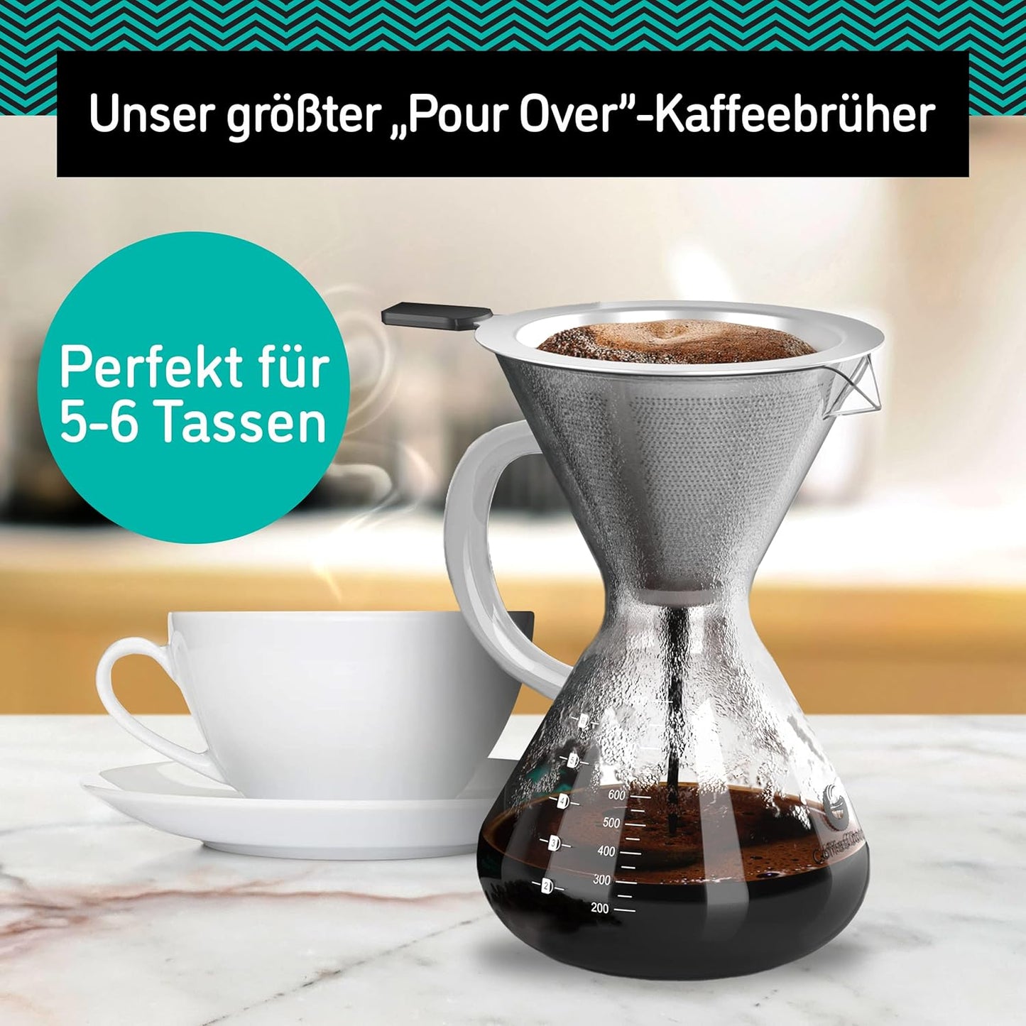 Pour Over Kaffeebrüher mit Edelstahlfilter, Transparent 800ml