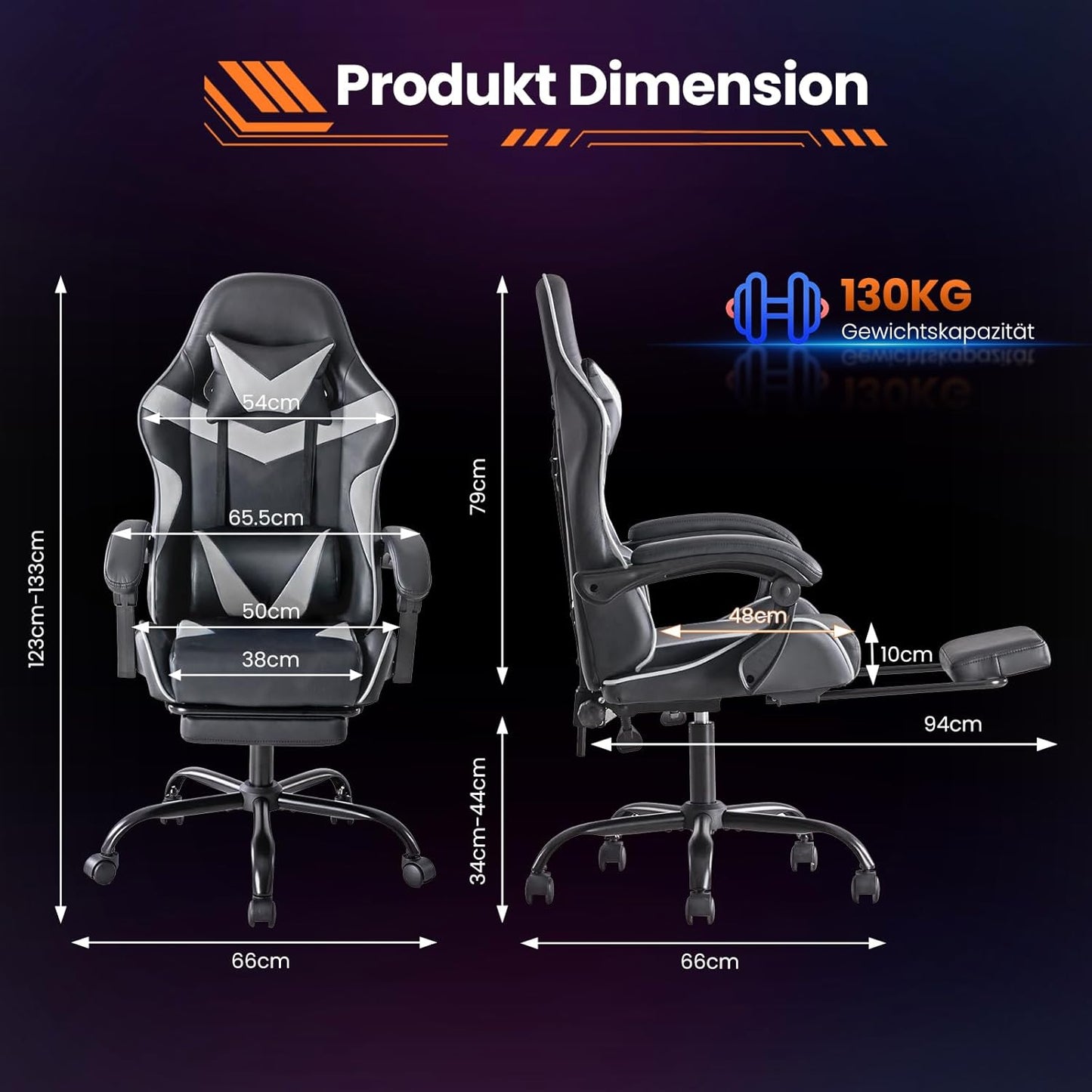 Ergonomischer Gaming-Stuhl mit Fussstütze, Modernes Weiss
