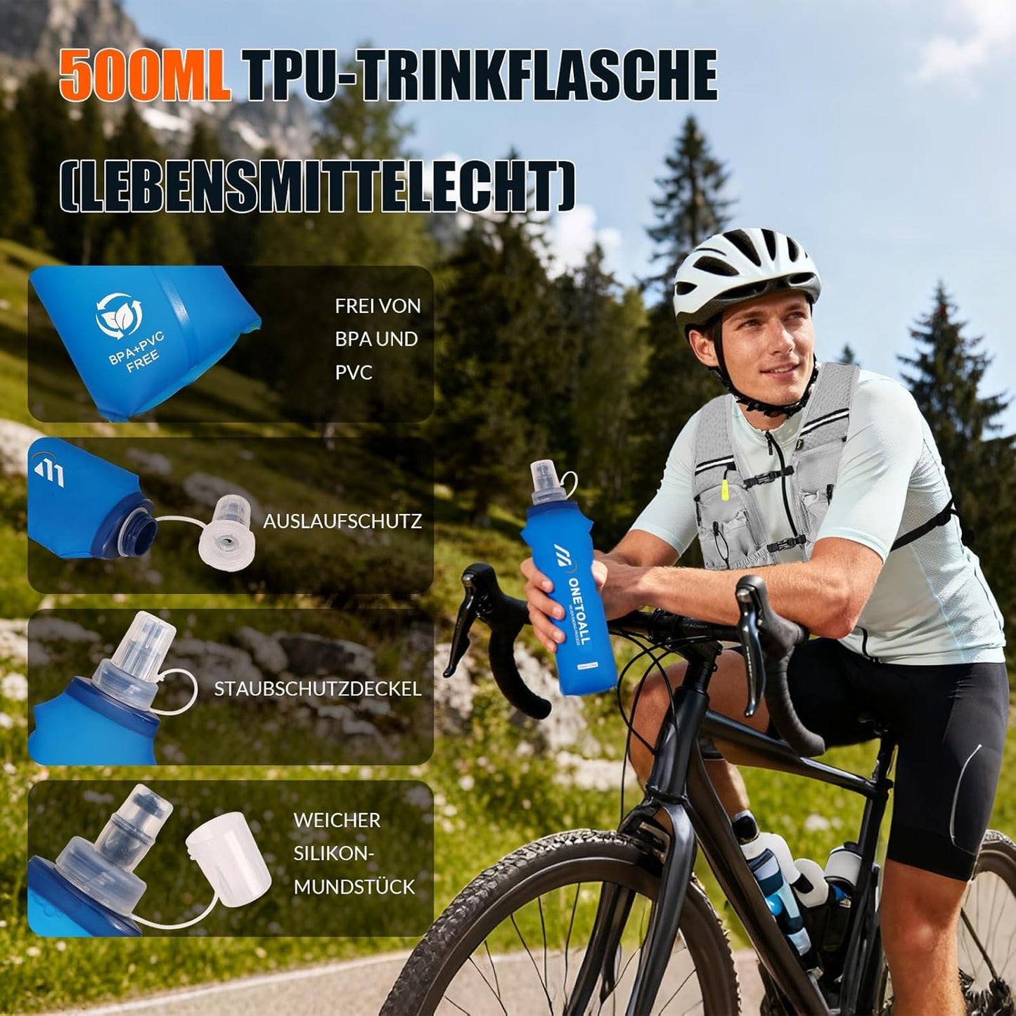 Trinkweste mit Trinkblase und Flasche, Grau mit eine 500ml Trinkflasche + eine 2L Trinkblase