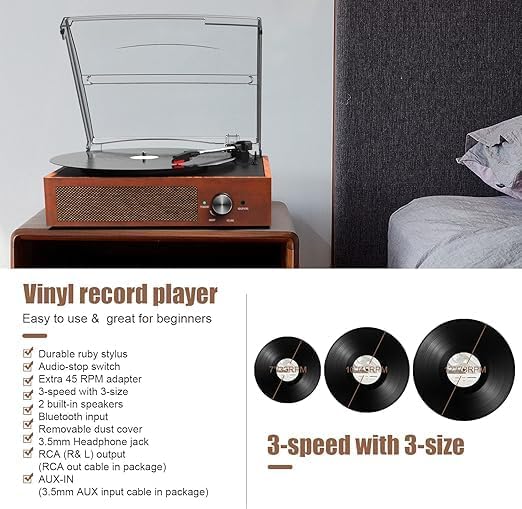 Vintage Vinyl Plattenspieler mit Bluetooth und Lautsprechern, Orange