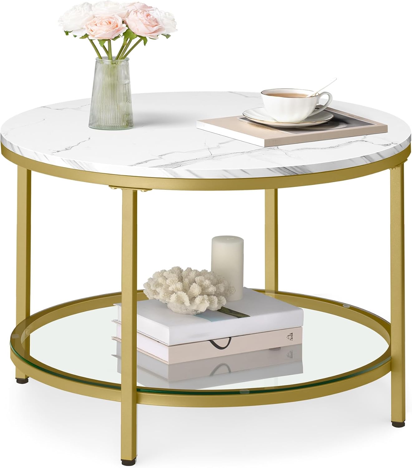 Couchtisch mit Glasplatte, 65d cm Marmorweiss + Helles Gold
